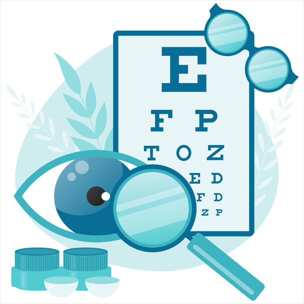 Ophtalmologiste Test Myopia Eye. Tests oculaires et visuels. Des lunettes. Lunettes de vue
. - Vecteur, image