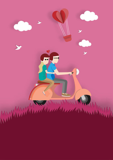 Gelukkige Valentijnsdag met gelukkig koppel is rijden op een scooter - Vector, afbeelding