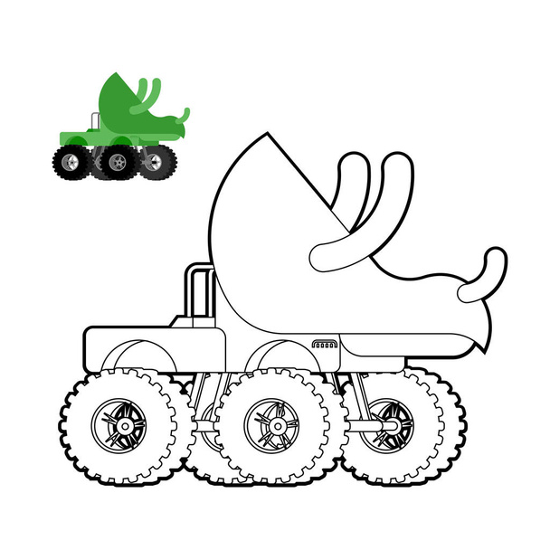 Monster Truck triceratops kleurboek. Dino auto op grote wielen. - Vector, afbeelding