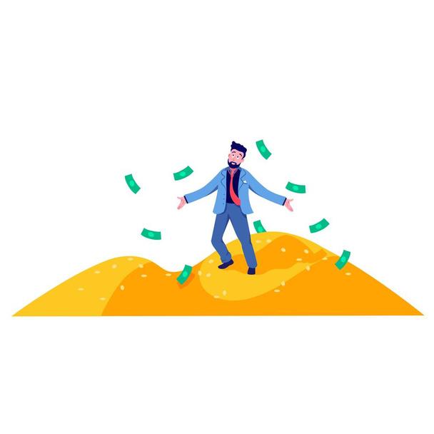 Rich cartoon business man standing on mountain of gold coins vector flat illustration - Vector, Image