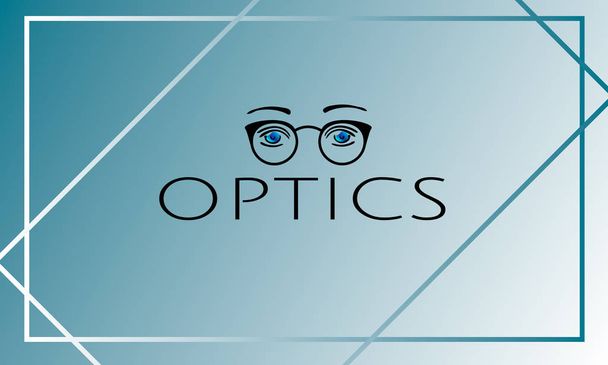 Дизайн логотипа оптики с голубыми глазами в черных очках
 - Вектор,изображение