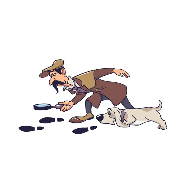 Starší muž detektiv se psem po stopě izolované na bílém - Vektor, obrázek