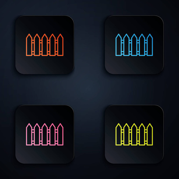 Linea al neon a colori Recinzione da giardino icona in legno isolata su sfondo nero. Set icone in colorati pulsanti quadrati. Illustrazione vettoriale
 - Vettoriali, immagini