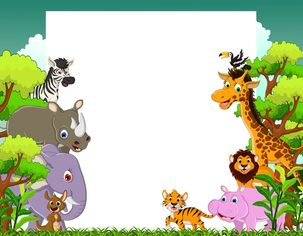 Animals cartoon with blank sign and forest background - Vector, Image