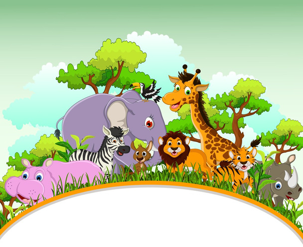 Animals cartoon with blank sign and forest background - Vector, Image