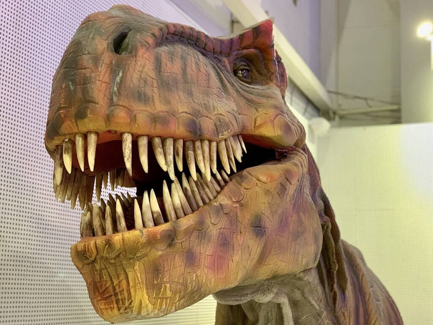 Dinosauří hlava s otevřenou pusou. Velké ostré tesáky příšer. Postava hrozného tyranosaura. - Fotografie, Obrázek