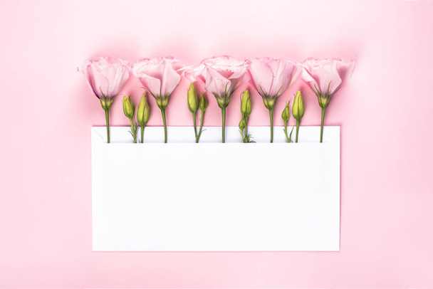 Евстома цветочная композиция с цветами и пустой картой, на розовом фоне
 - Фото, изображение