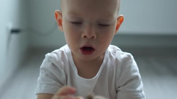 Child holds out a toy into the camera. Close portrait of a two year old boy playing with a wooden toy on the floor. Educational toys, happy childhood - Metraje, vídeo