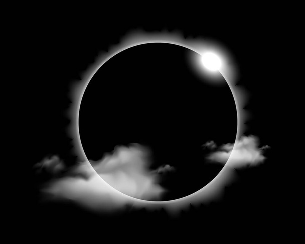 Vector realistic eclipse transparent effect with clouds and light rays on dark background - Vector, Image