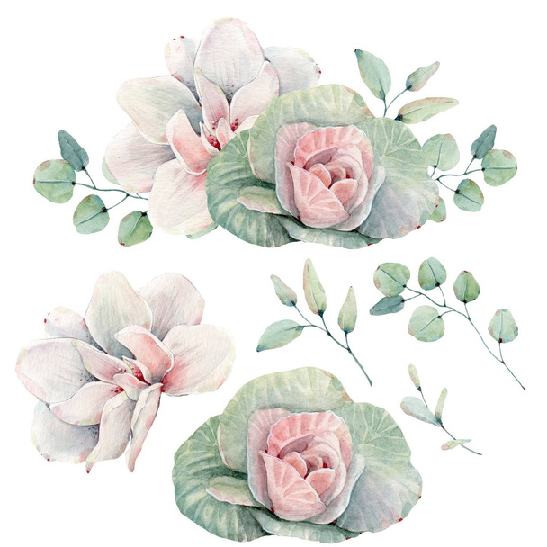 Watercolor flowers set in vintage style. - Foto, afbeelding