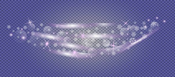 Falling snow overlay banner vector. Violet snowflakes and sparkles are flowing on transparent background. Purple snowballs for xmas and New year greeting cards, posters. - Vector, Image