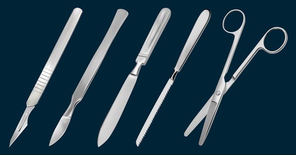 Un ensemble d'outils de coupe chirurgicale. scalpel réutilisable, scalpel délicat avec lame amovible, couteau d'amputation Liston, scie métacarpienne, ciseaux droits aux extrémités émoussées. Illustration vectorielle
 - Vecteur, image