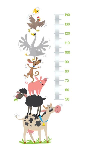 Farm animals. Height chart or meter wall or wall sticker. Cow, sheep, pig, dog, goose, hen and chicken. Children vector illustration with scale 50 to 140 cm to measure growth for kids room. - Vector, Image