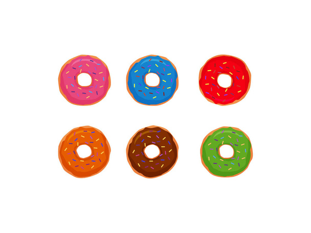 Set van kleurrijke donuts op witte achtergrond, vlakke vectorillustratie. Donuts verzamelen - Vector, afbeelding