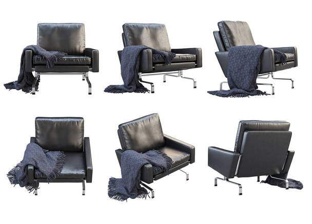 Chaise en cuir noir du milieu du siècle avec plaid. 3d rendu. Collage Collection de meubles
 - Photo, image