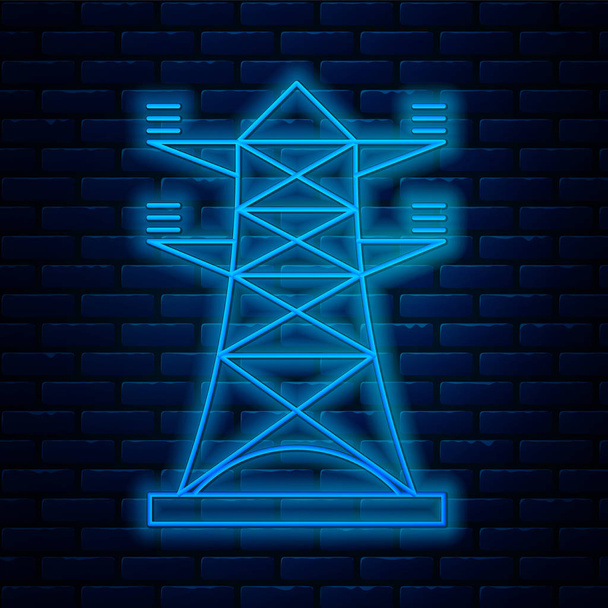 Ligne lumineuse au néon Tour électrique utilisée pour soutenir une icône de ligne électrique aérienne isolée sur fond de mur de briques. Ligne de poteau électrique haute tension. Illustration vectorielle
 - Vecteur, image