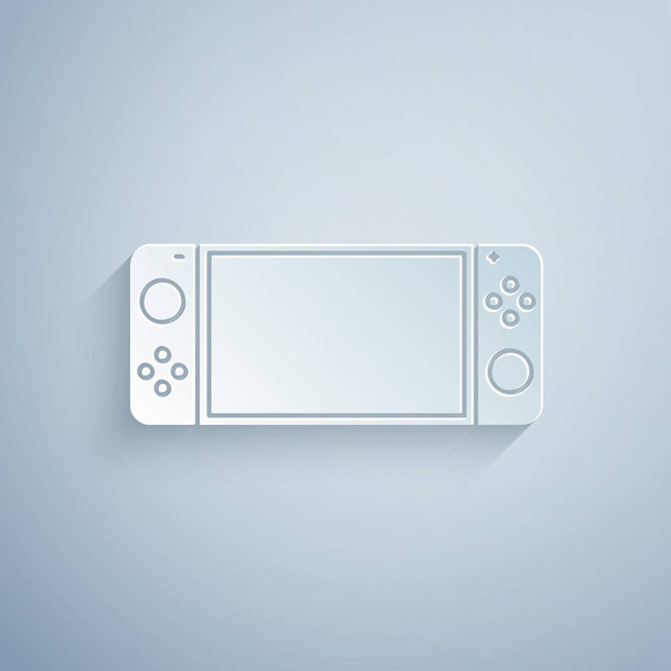 Papier gesneden Draagbare video game console pictogram geïsoleerd op grijze achtergrond. Gamepad bord. Gokconcept. Papierkunst stijl. Vector Illustratie - Vector, afbeelding