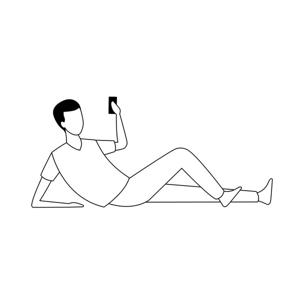 аватар чоловік з мобільним телефоном лежить, плоский дизайн
 - Вектор, зображення