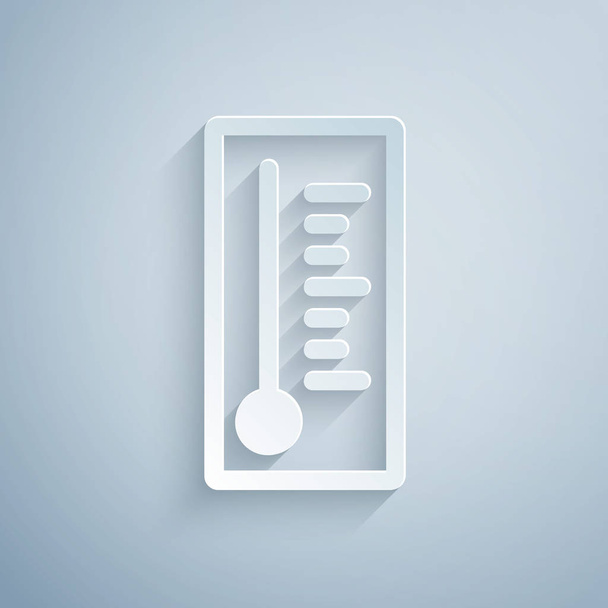 Paperin leikkaus Meteorologian lämpömittari mitata lämpöä ja kylmä kuvake eristetty harmaalla pohjalla. Lämpömittarilaitteet, joissa näkyy kuuma tai kylmä sää. Paperitaidetta. Vektorikuvaus
 - Vektori, kuva