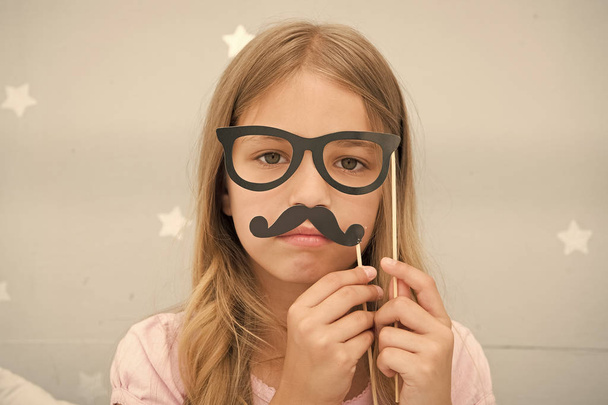 ready for fun. funny look of small kid. childhood moments. international childrens day. serious child in glasses and mustache. good morning. dont want to sleep. small girl party glasses. pajama party - Photo, image