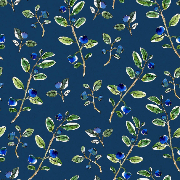 Seamless pattern hand-drawn graphic watercolor sketchy blueberry twigs with leaves and berries on a classic blue background. - Fotografie, Obrázek