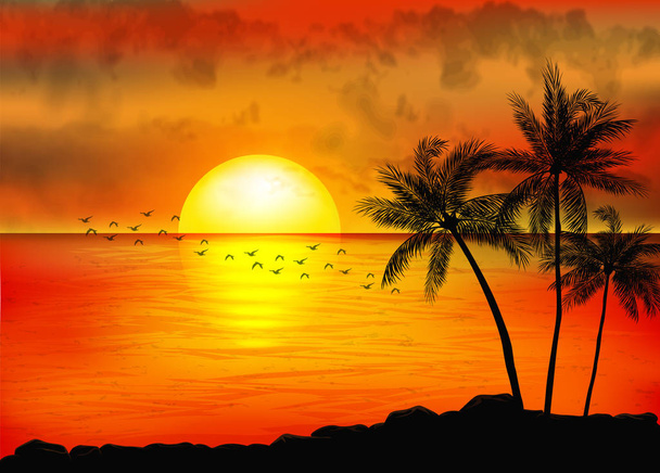 Trooppinen auringonlasku palmujen kanssa
 - Vektori, kuva