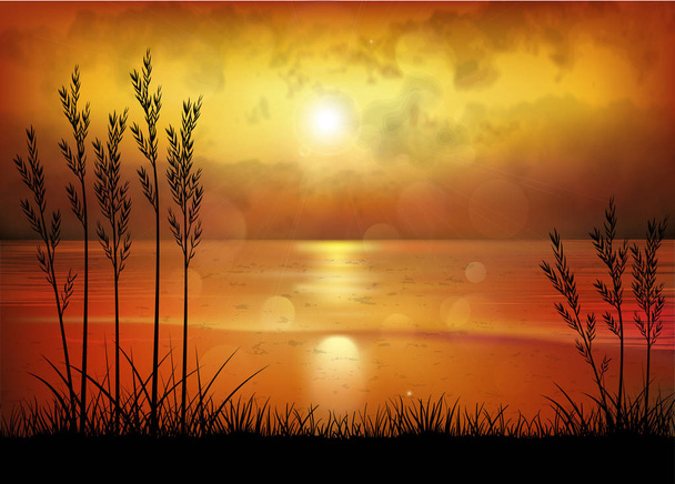 Ένα τροπικό ηλιοβασίλεμα ή ανατολή με φοίνικες - Διάνυσμα, εικόνα
