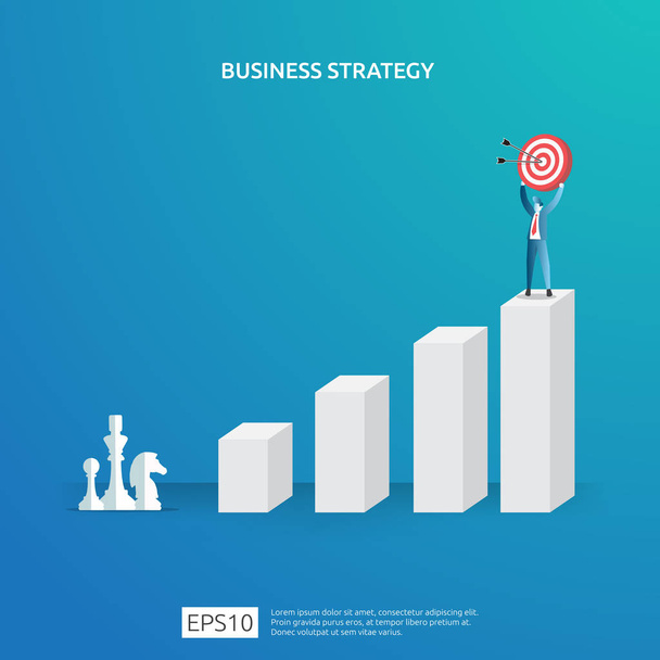 Business goal achievement, vision, and plan concept for planning and management finance. successful investment income profit strategy management with chess figure and dartboard target illustration - Vector, Image