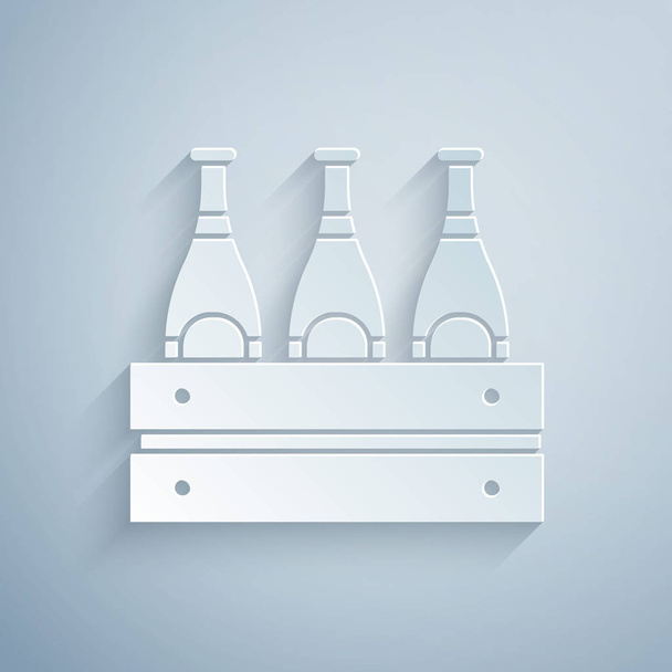 Паперовий виріз Пакет пивних пляшок ізольовано на сірому фоні. Дерев'яна коробка і пляшки пива. Ящик для ящика для пива. Стиль паперового мистецтва. Векторна ілюстрація
 - Вектор, зображення