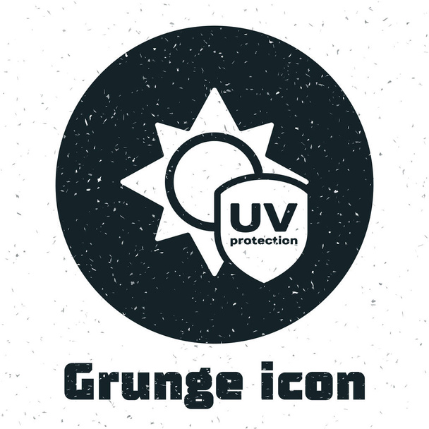 Grunge UV védelem ikon izolált fehér háttér. Nap és pajzs. Ultraibolya sugárzás sugárzására. SPF v jel. Vektoros illusztráció - Vektor, kép