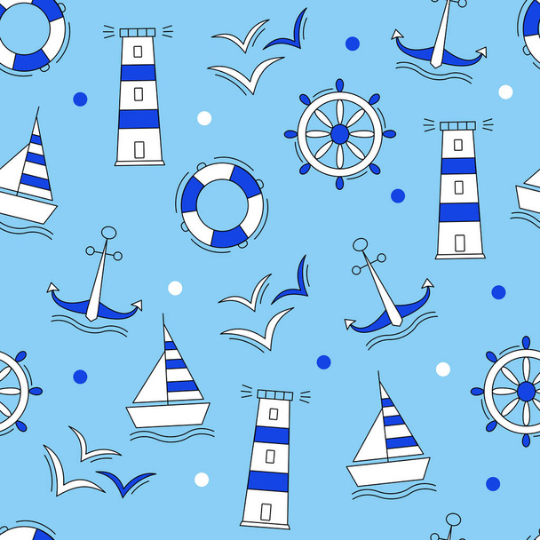 Płynny wzór wektorowy elementów morskich ikon Latarnia morska Anchor Ship Wheel Seagull i linia życia. - Wektor, obraz