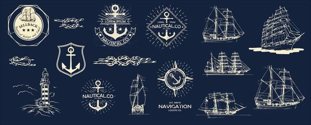 Μέγα Διανυσματικό σύνολο. Ναυτικά χρήσιμα στοιχεία σχεδιασμού. Εμπνευσμένο από το λογότυπο του Ναυτικού Στυλ, Emblem Designs. Εκλεκτής ποιότητας σήμα θαλάσσης. - Διάνυσμα, εικόνα