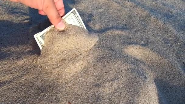 Ένα κορίτσι παίρνει από την άμμο χαρτονομίσματα των τριακοσίων δολαρίων - Πλάνα, βίντεο