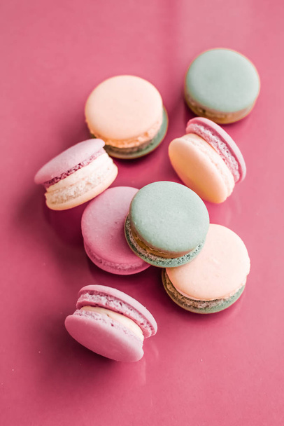 French macaroons on pastel pink background, parisian chic cafe d - Photo, Image