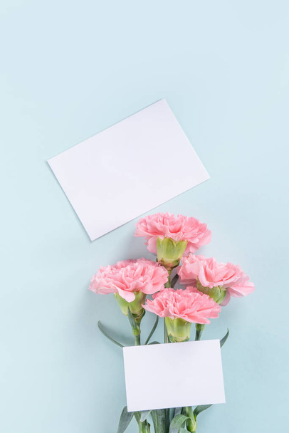Beautiful, elegant pink carnation flower over bright light blue table background, concept of Mother's Day flower gift, top view, flat lay, overhead - Фото, изображение