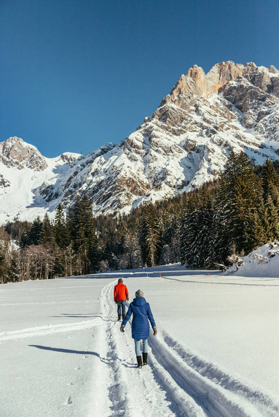 Group of people are walking on a snowy footpath, idyllic winter landscape with stunning mountain range, snowy trees and blue sky - Foto, imagen