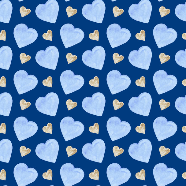 akwarela niebieski i złoty serca płynny wzór na klasycznym niebieskim tle. - Zdjęcie, obraz