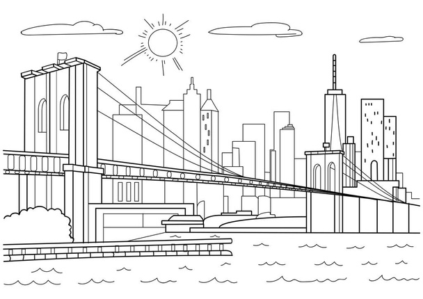 Arkkitehtuuri. Brooklynin silta, New York valkoisella taustalla. Taideviiva mustalla taustalla. Väritys aikuisille
. - Vektori, kuva
