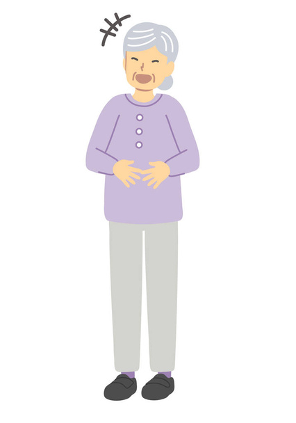 Starší žena drží fialový žaludek a usmívá se - Vektor, obrázek