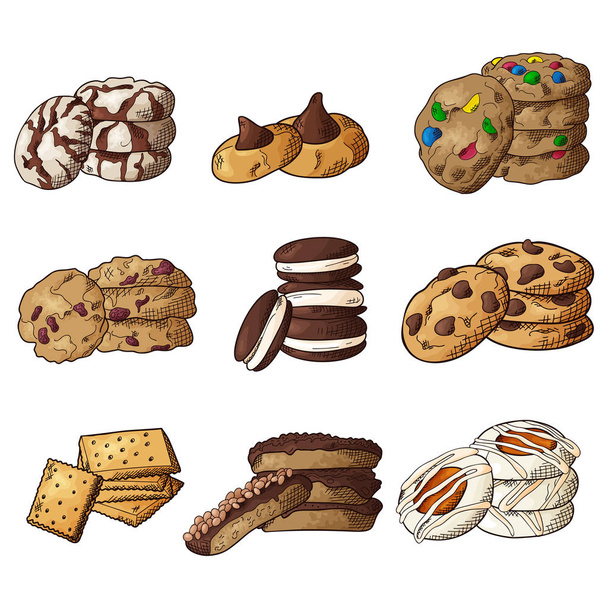 Set de diferentes cookies sobre fondo blanco aislado. Pastelería tradicional. Ilustración vectorial
 - Vector, Imagen