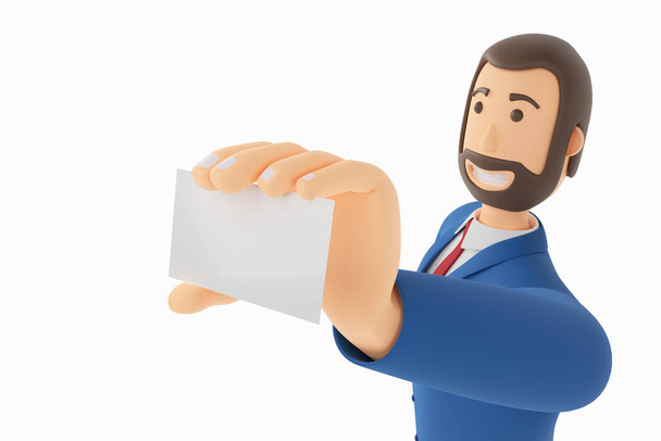Ein gezeichneter Geschäftsmann hält eine Visitenkarte in der Hand. 3D-Darstellung - Foto, Bild