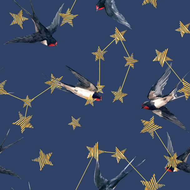 Beautiful seamless pattern with watercolor hand drawn stars and swallow birds. Starry sky. Stock Illustration. - Valokuva, kuva