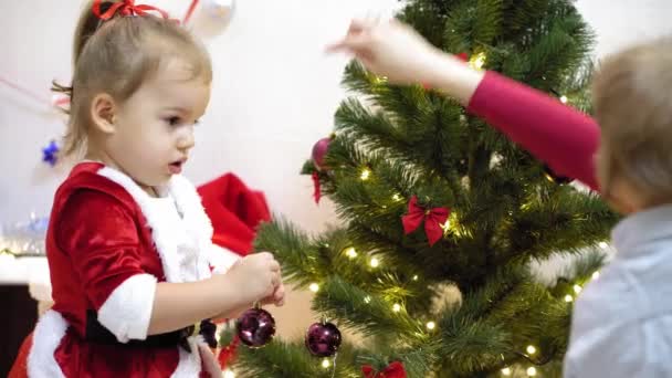 baby and pregnan mom hang red ball toy on Christmas tree. happy childhood concept. child and mother decorate tree with christmas balls. small child and a parent are playing by Christmas tree. - Záběry, video