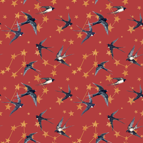 Beautiful seamless pattern with watercolor hand drawn stars and swallow birds. Starry sky. Stock Illustration. - Φωτογραφία, εικόνα