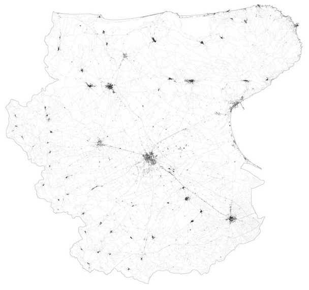 Δορυφορικός χάρτης της Επαρχίας Φόγκων κωμοπόλεων και δρόμων, κτιρίων και συνδετικών δρόμων των γύρω περιοχών. Περιφέρεια Puglia, Ιταλία. Χάρτης οδοί, δακτύλιοι - Διάνυσμα, εικόνα
