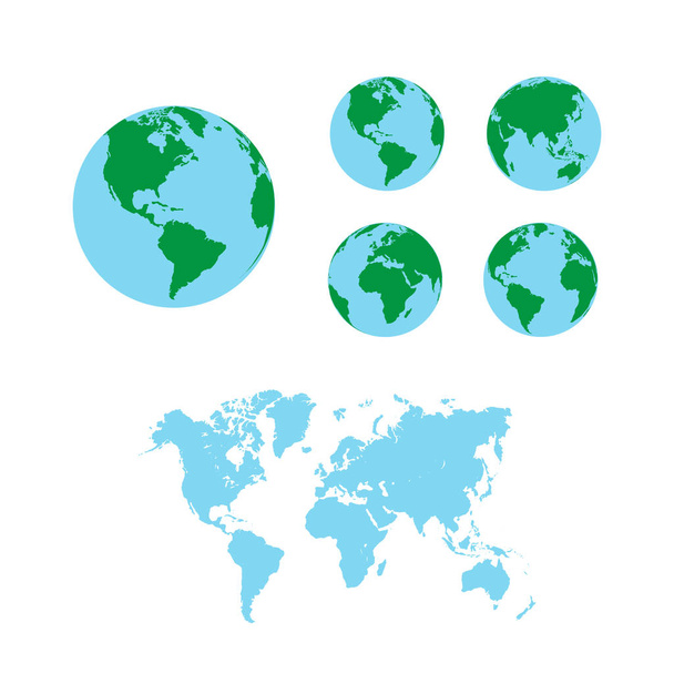 Mapa del mundo con globos de tierra, vector editable. - Vector, Imagen