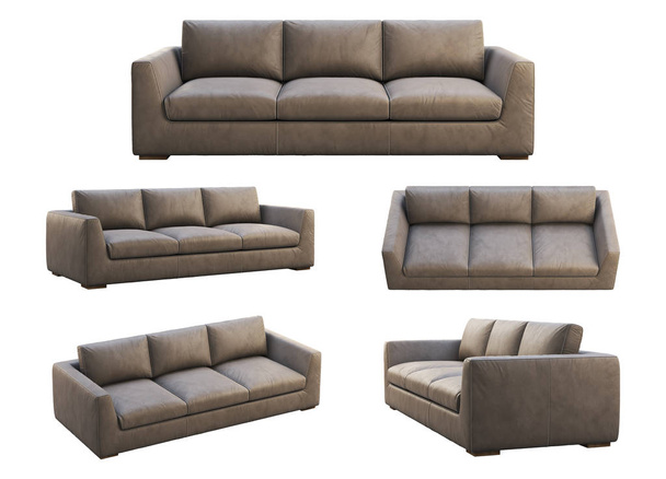 Chalet brown leather upholstery sofa. 3d render. Collage. Furniture collection - Photo, Image