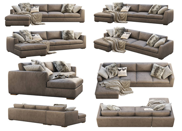 Chalet modular brown leather upholstery sofa with pillows and plaid. 3d render. Collage. Furniture collection - Photo, Image