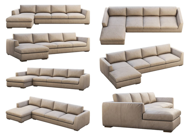 Chalet σπονδυλωτή μπεζ δερμάτινη ταπετσαρία καναπέ με σεζλόνγκ. 3d καθιστούν. Κολάζ. Συλλογή επίπλων - Φωτογραφία, εικόνα