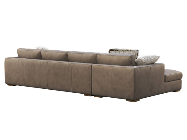 Шале модульний коричневий шкіряний оббивний диван з подушками і пледом. 3d візуалізація
. - Фото, зображення